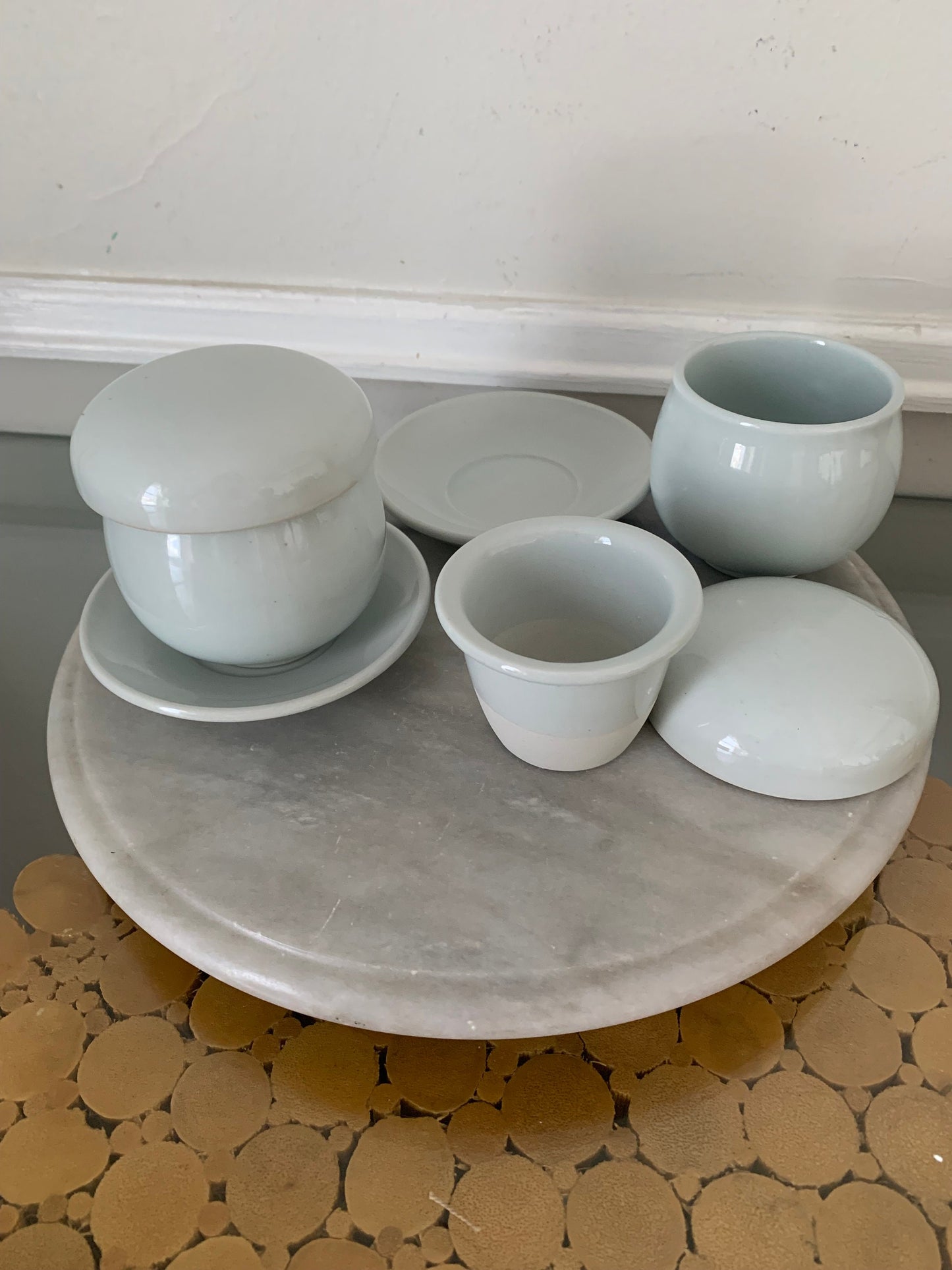 Pair of Pale Robins Egg Blue Ceramic Mushroom Mugs with Lids Strainers and Saucers