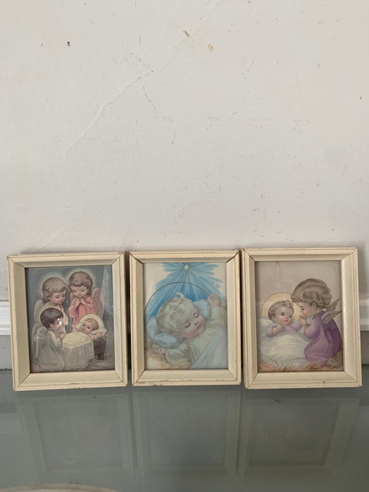 Set of 3 Small Infant Vintage in White Wood Frames