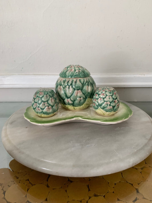 Vintage Set of 4 Pink and Green Ceramic Artichoke Salt and Pepper Sugar Set on Plate Made in Korea