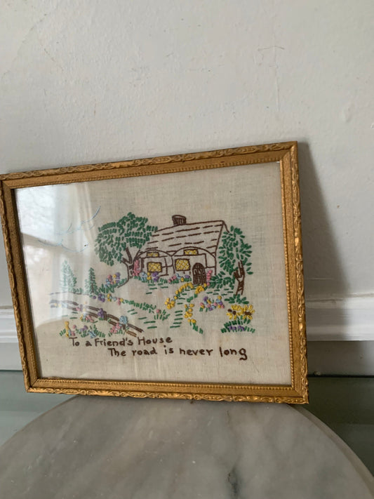 Small Vintage Embroidered To a Friends House The Road is Never Long in Gold Wood Frame