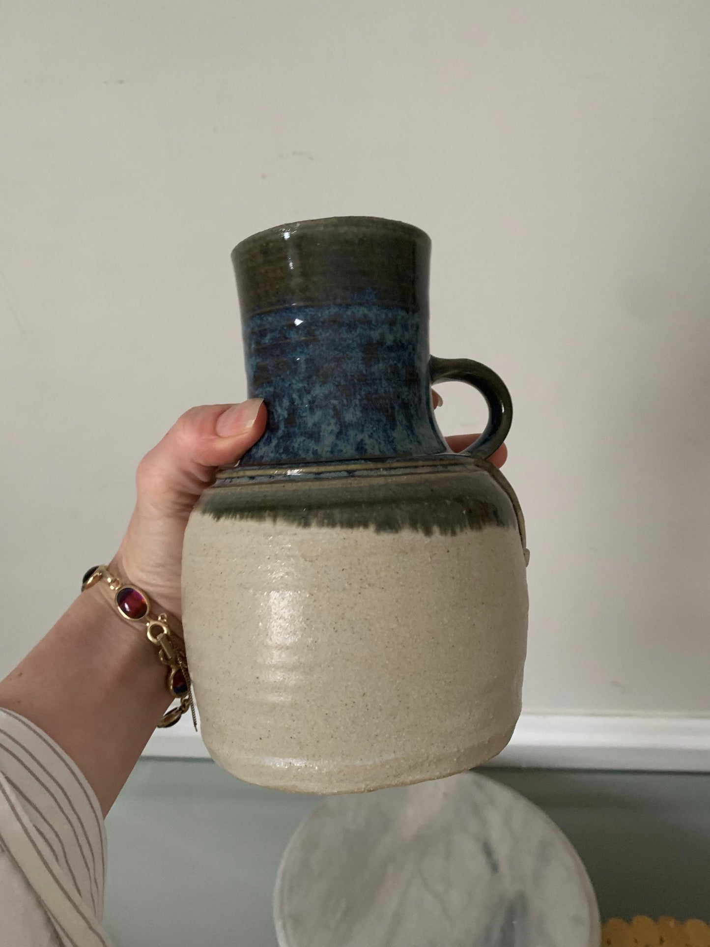 Medium Handmade Deep Blue and Gray Pottery Pitcher with Handle
