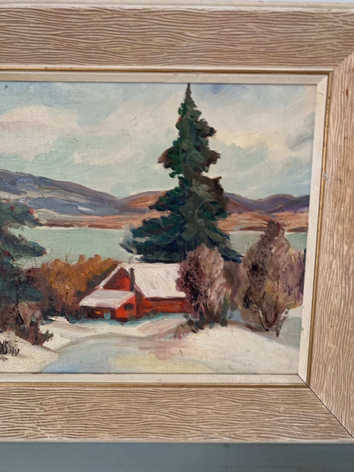 Vintage Medium Winter Land Scape Scene Painting in White Wood Frame