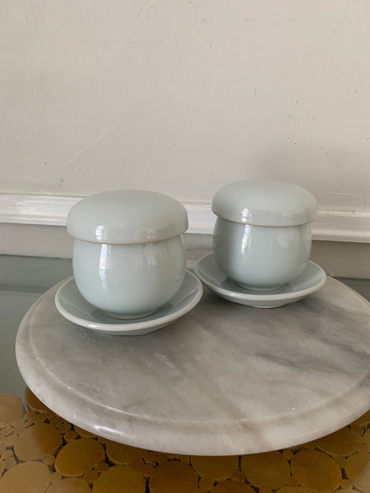 Pair of Pale Robins Egg Blue Ceramic Mushroom Mugs with Lids Strainers and Saucers