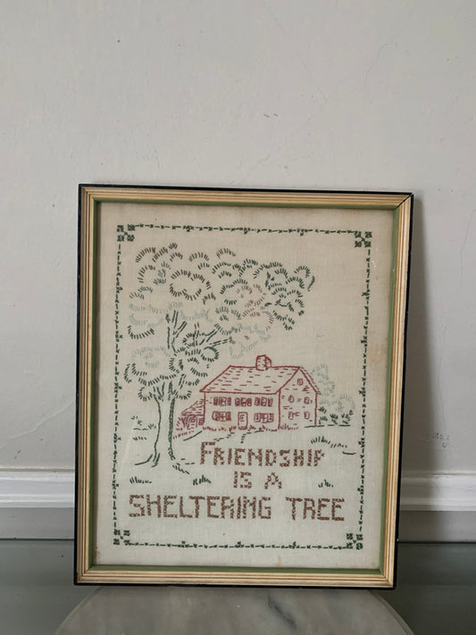 Medium Vintage Embroidered Friendship is a Sheltering Tree in Gold Wood Frame