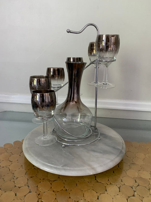 MCM Silver Fade Raised Flower Pattern Wine Glasses and Decanter set with Chrome Caddy