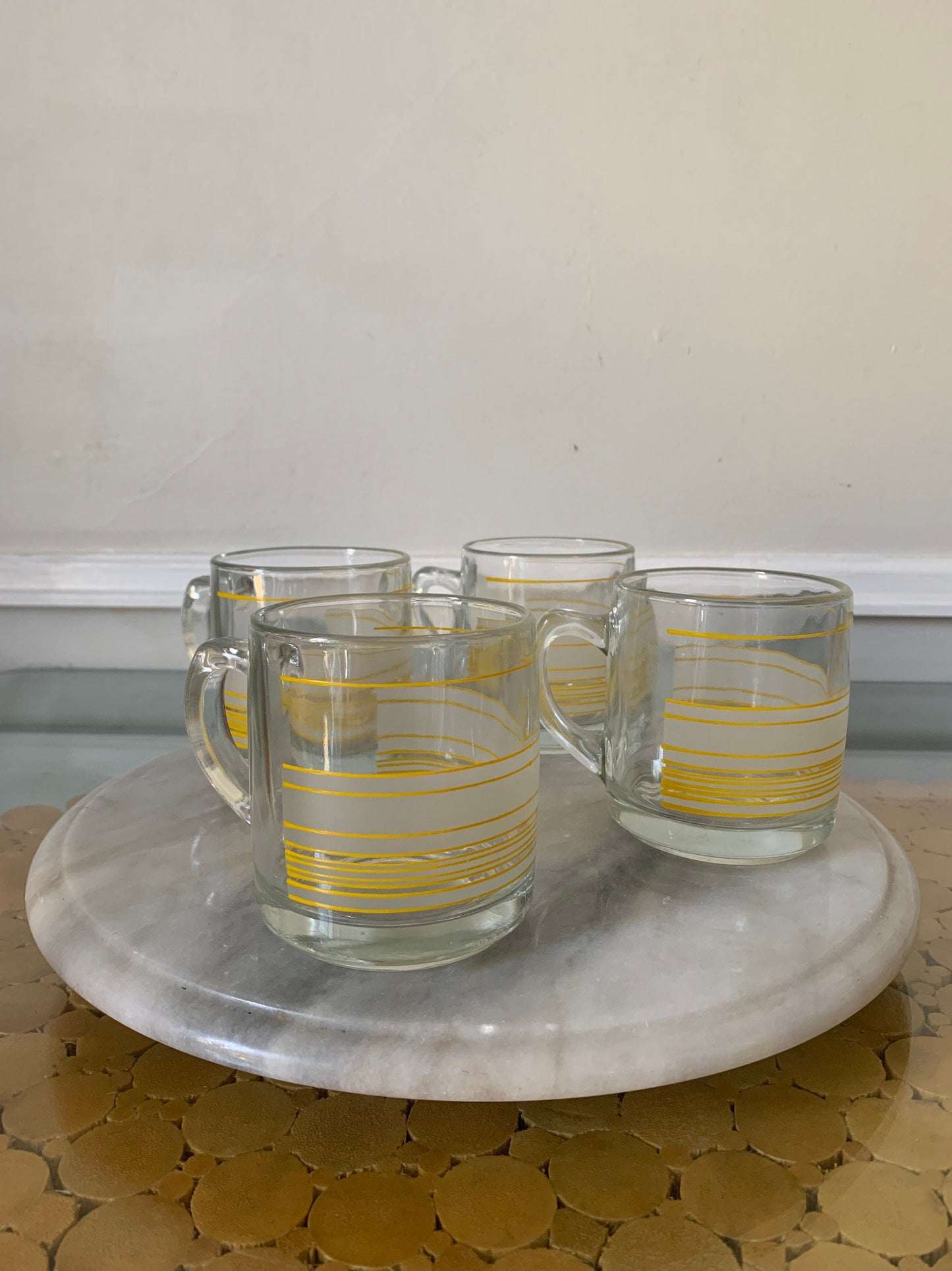 Set of 4 Retro Clear Glass and Frosted Yellow Stripe Mugs Made in Canada