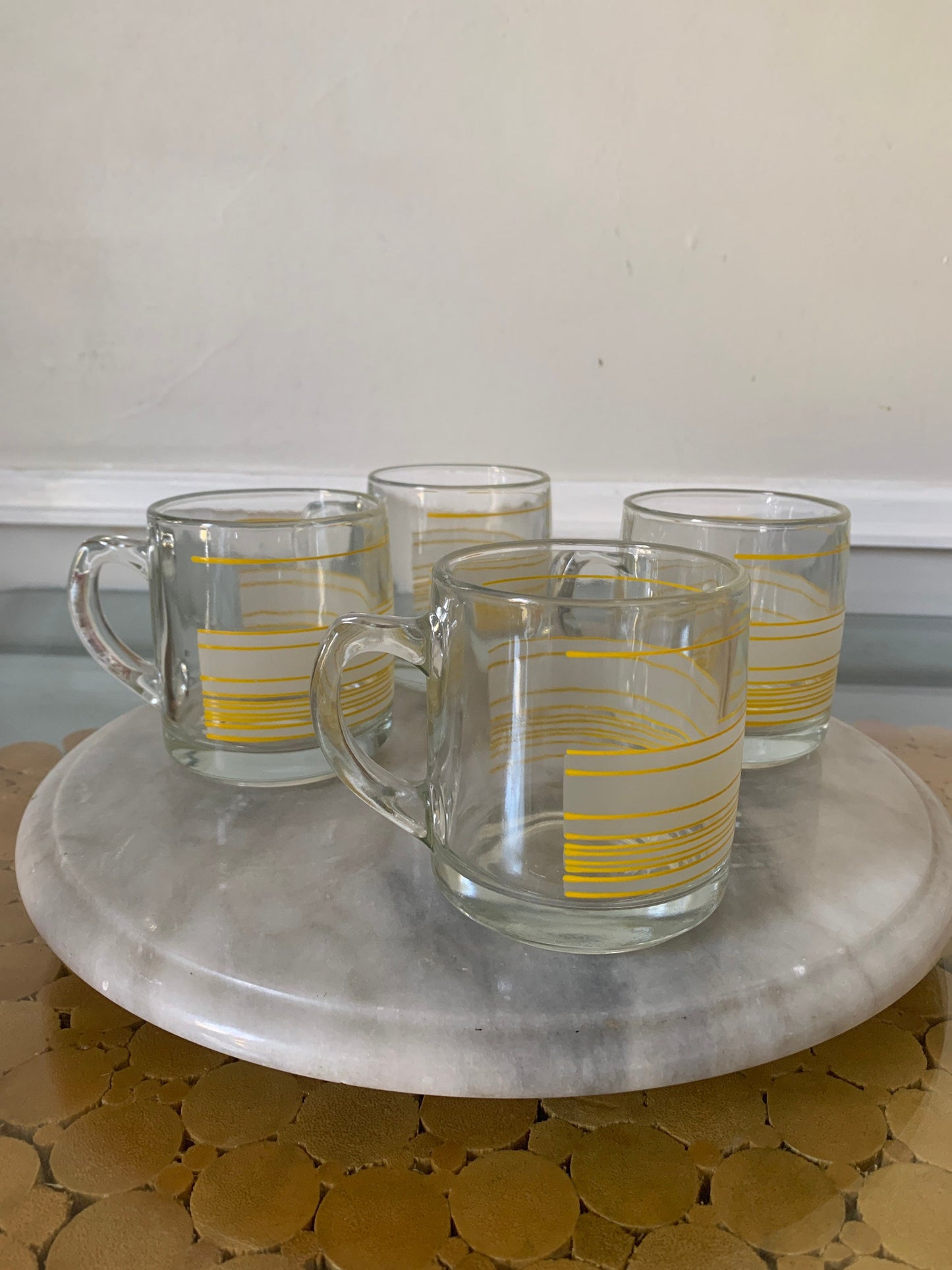 Set of 4 Retro Clear Glass and Frosted Yellow Stripe Mugs Made in Canada
