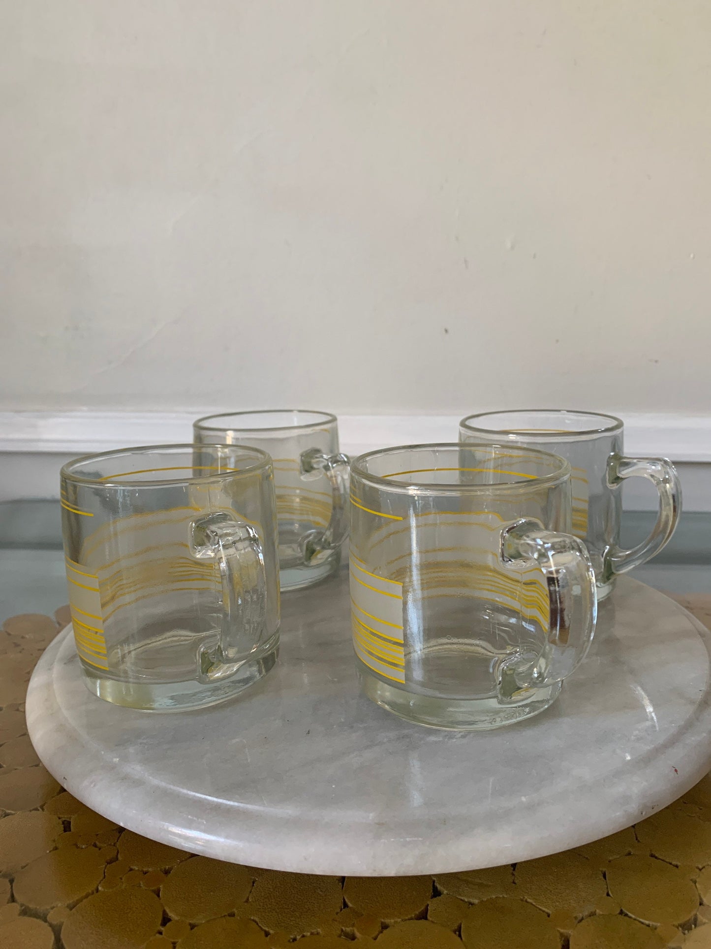 Set of 4 Retro Clear Glass and Frosted Yellow Stripe Mugs Made in Canada