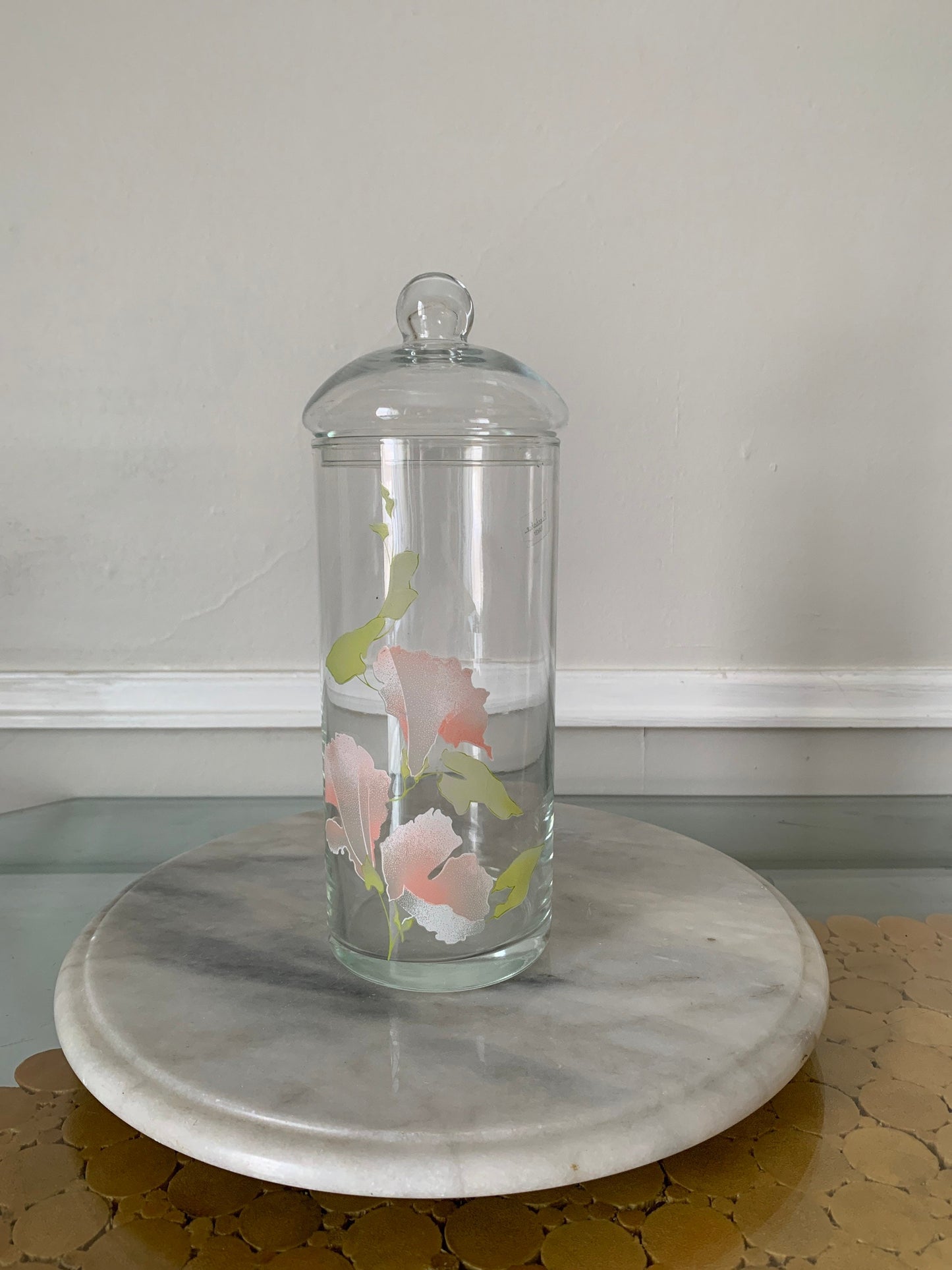 Retro Pair of Glass Pasabahce Lidded Jar with Frosted Flowers Made in Turkey