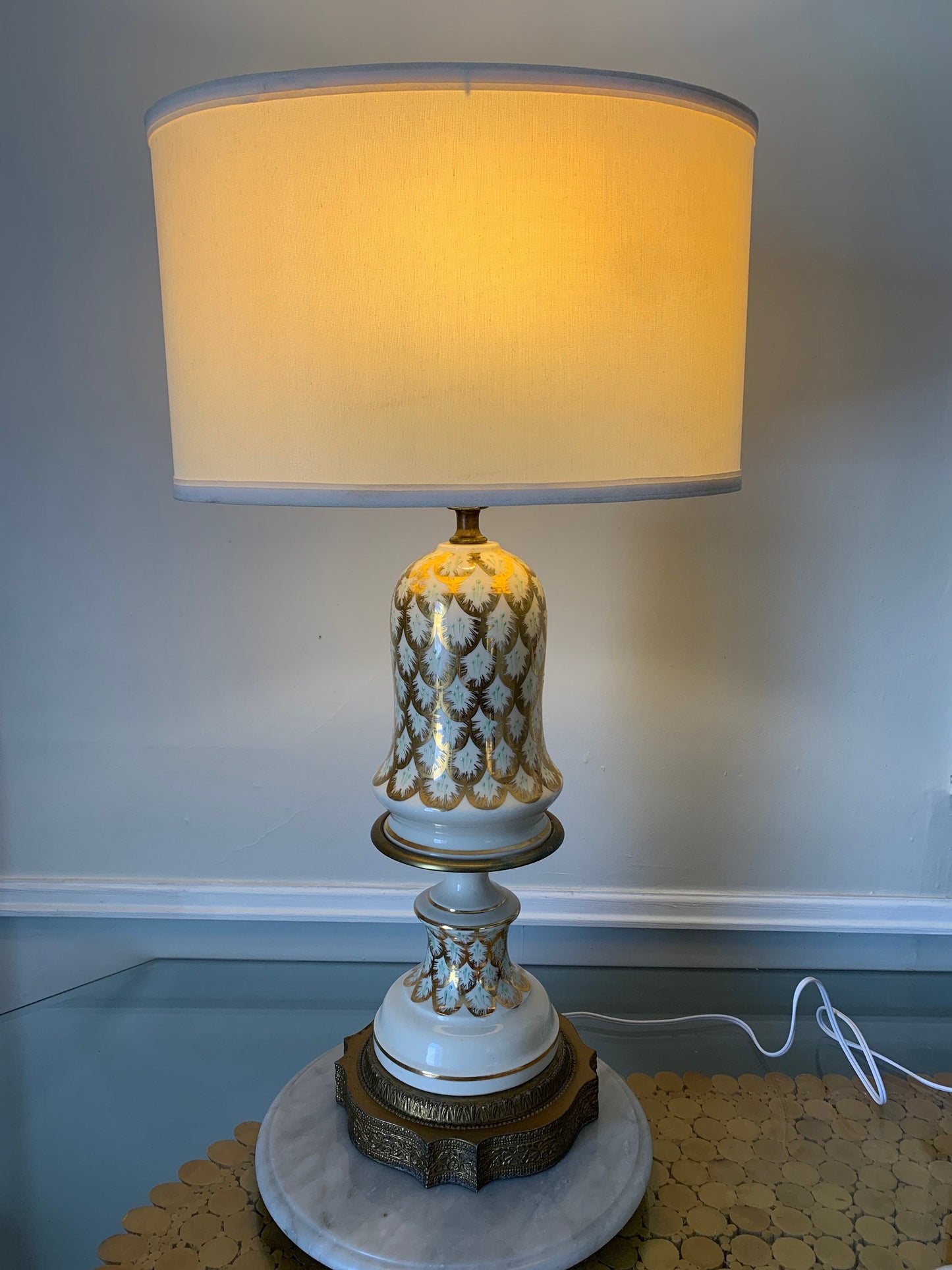 Antique Cream and Gold Tall Ceramic Lamp with Brass Base