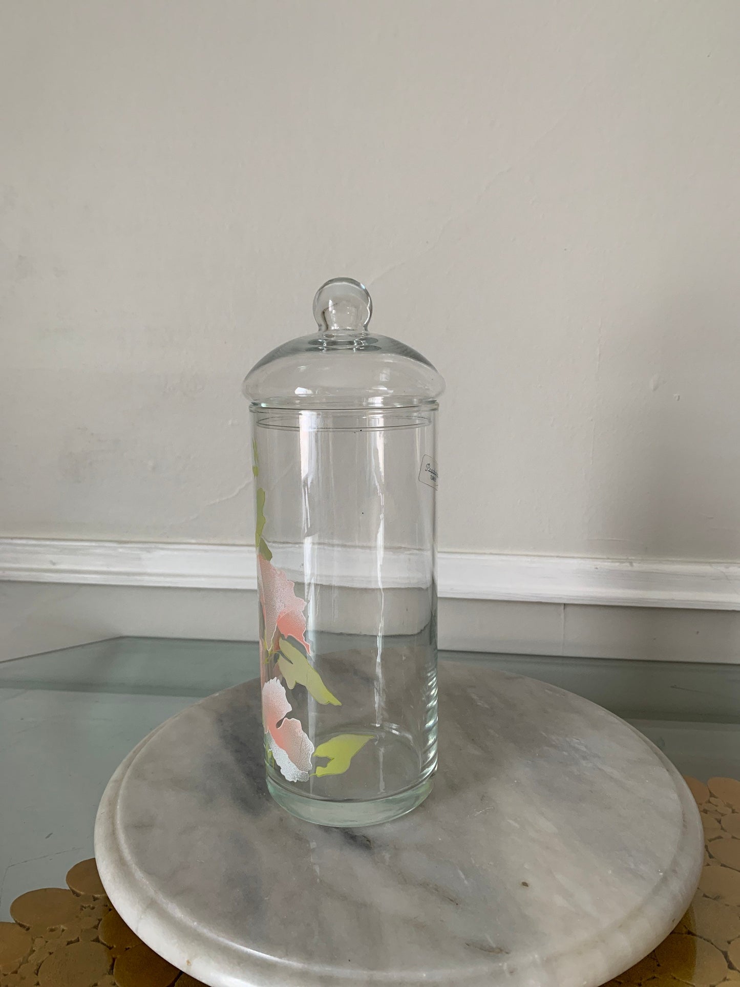 Retro Pair of Glass Pasabahce Lidded Jar with Frosted Flowers Made in Turkey