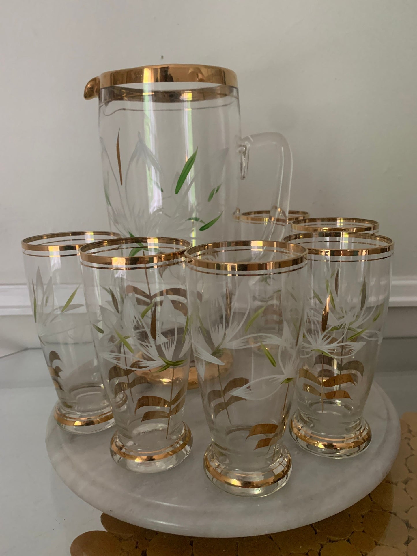 Vintage Set of 6 Hand Painted Gold Rimmed Glasses with Pitcher