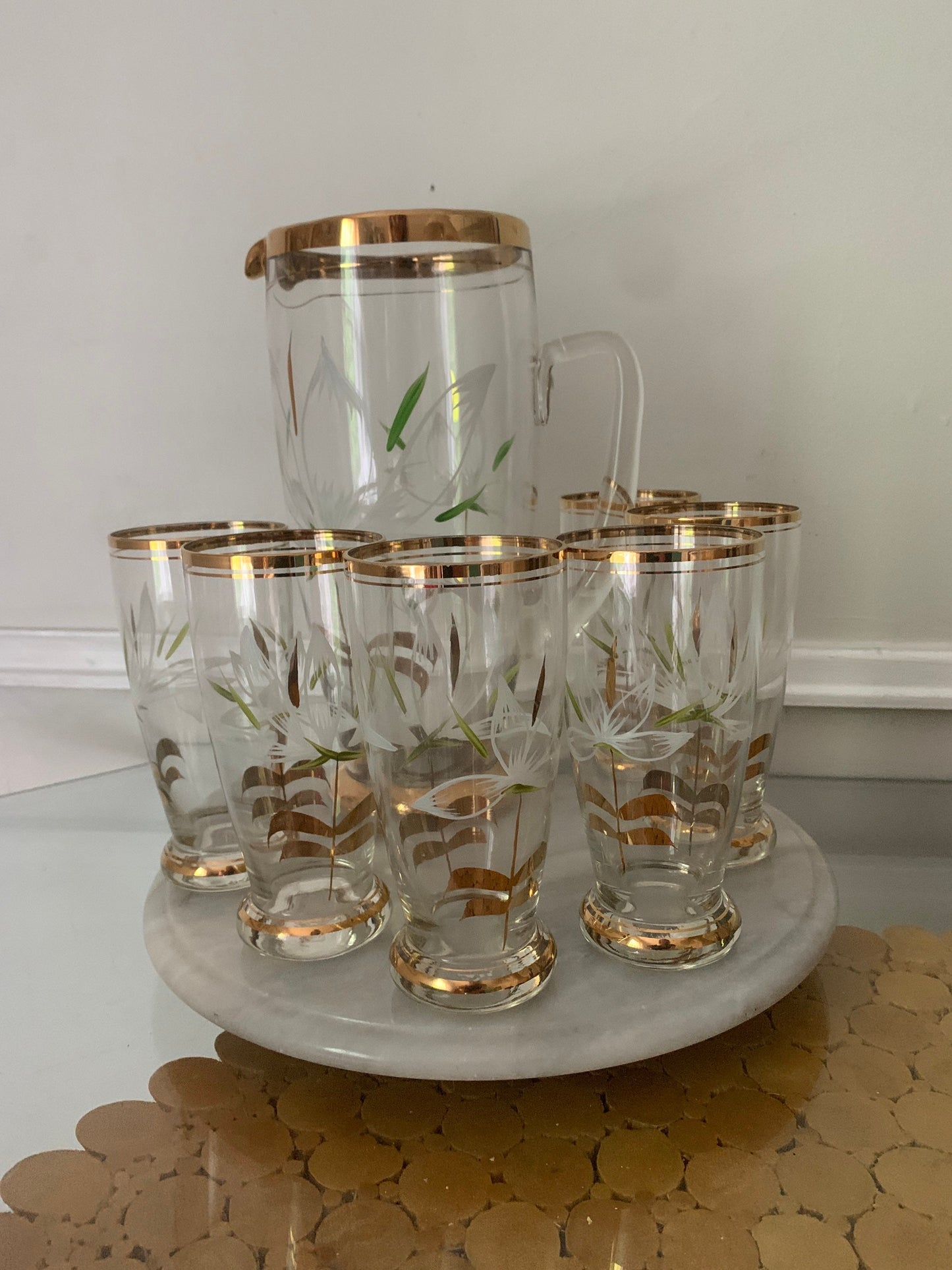 Vintage Set of 6 Hand Painted Gold Rimmed Glasses with Pitcher