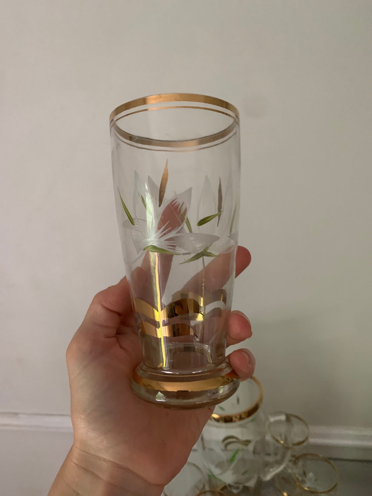 Vintage Set of 6 Hand Painted Gold Rimmed Glasses with Pitcher
