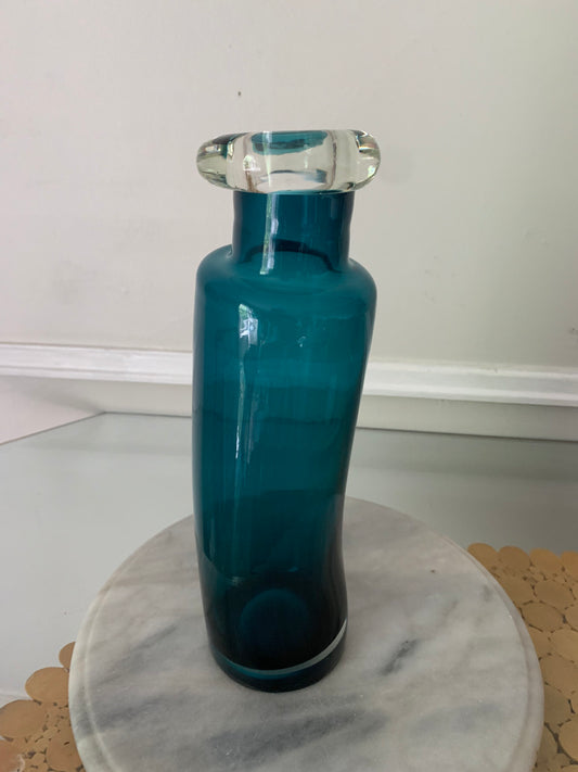 Retro Rosenthal Deep Teal Blue Drunken Bottle with Clear Lip
