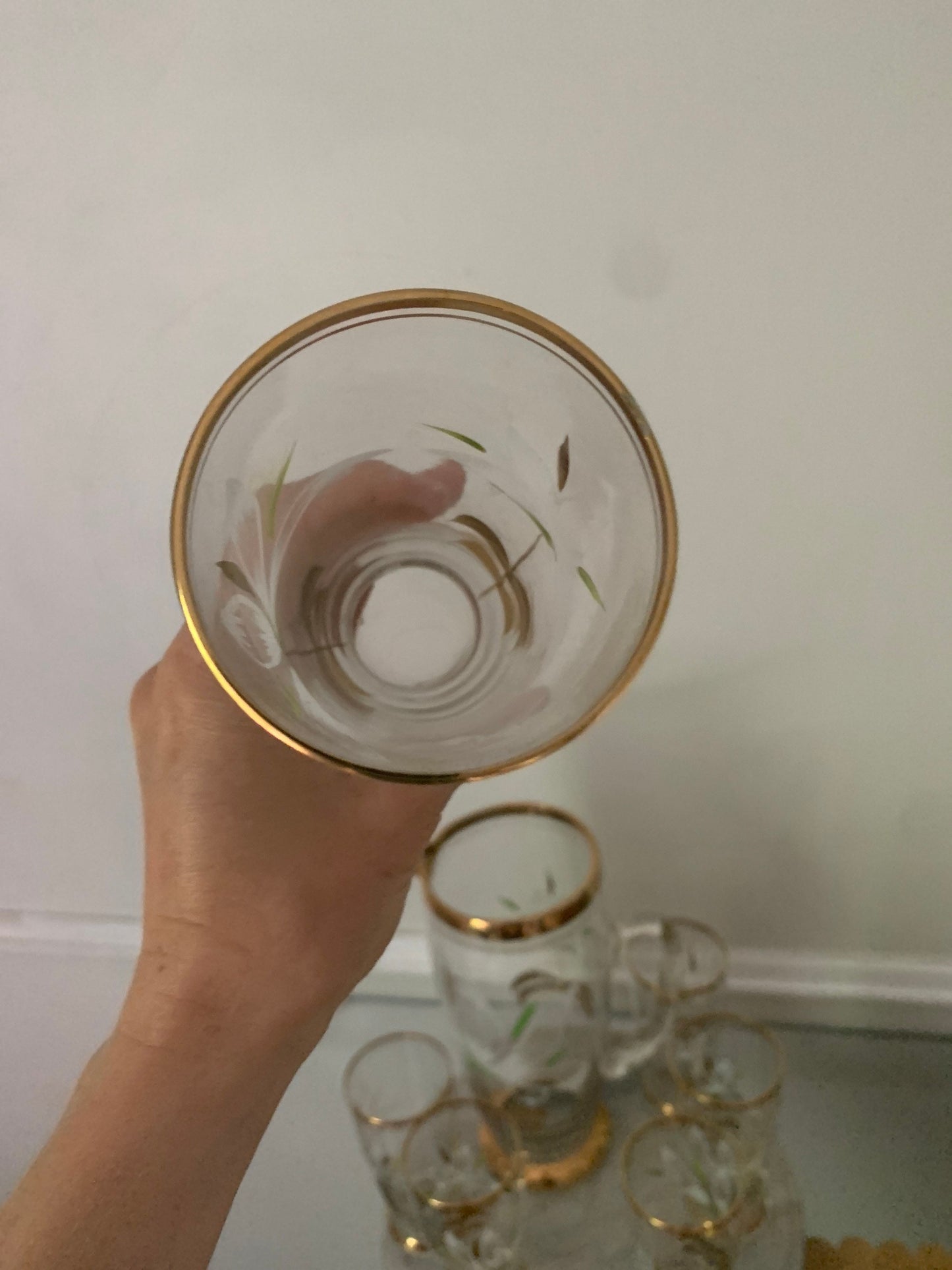 Vintage Set of 6 Hand Painted Gold Rimmed Glasses with Pitcher