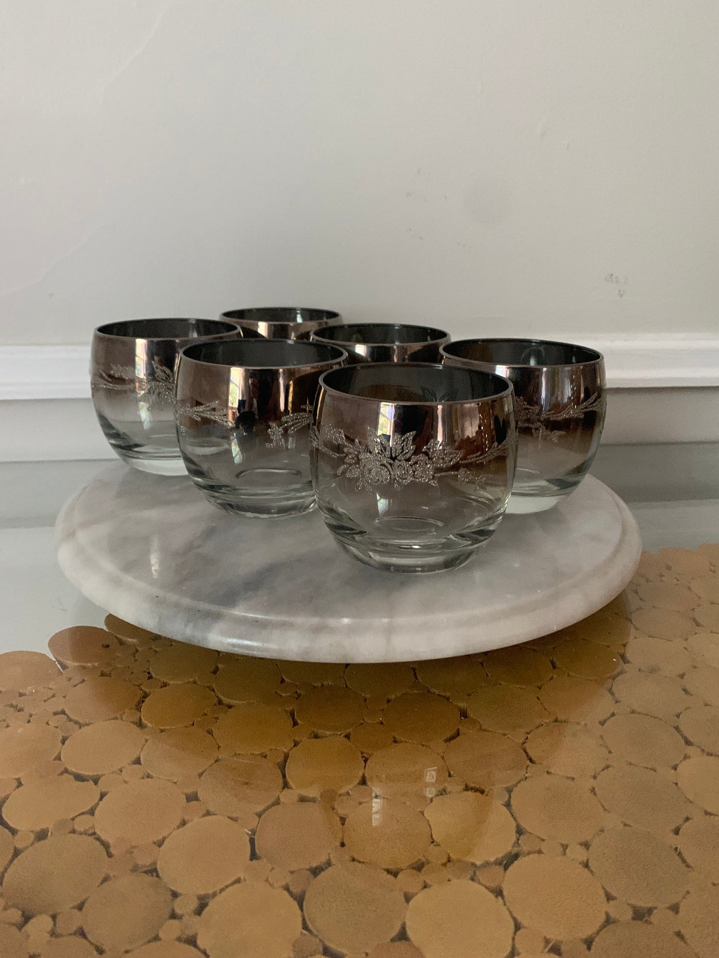 Set of 6 Mid Century Floral Embossed Roly Poly Mercury Fade Glasses