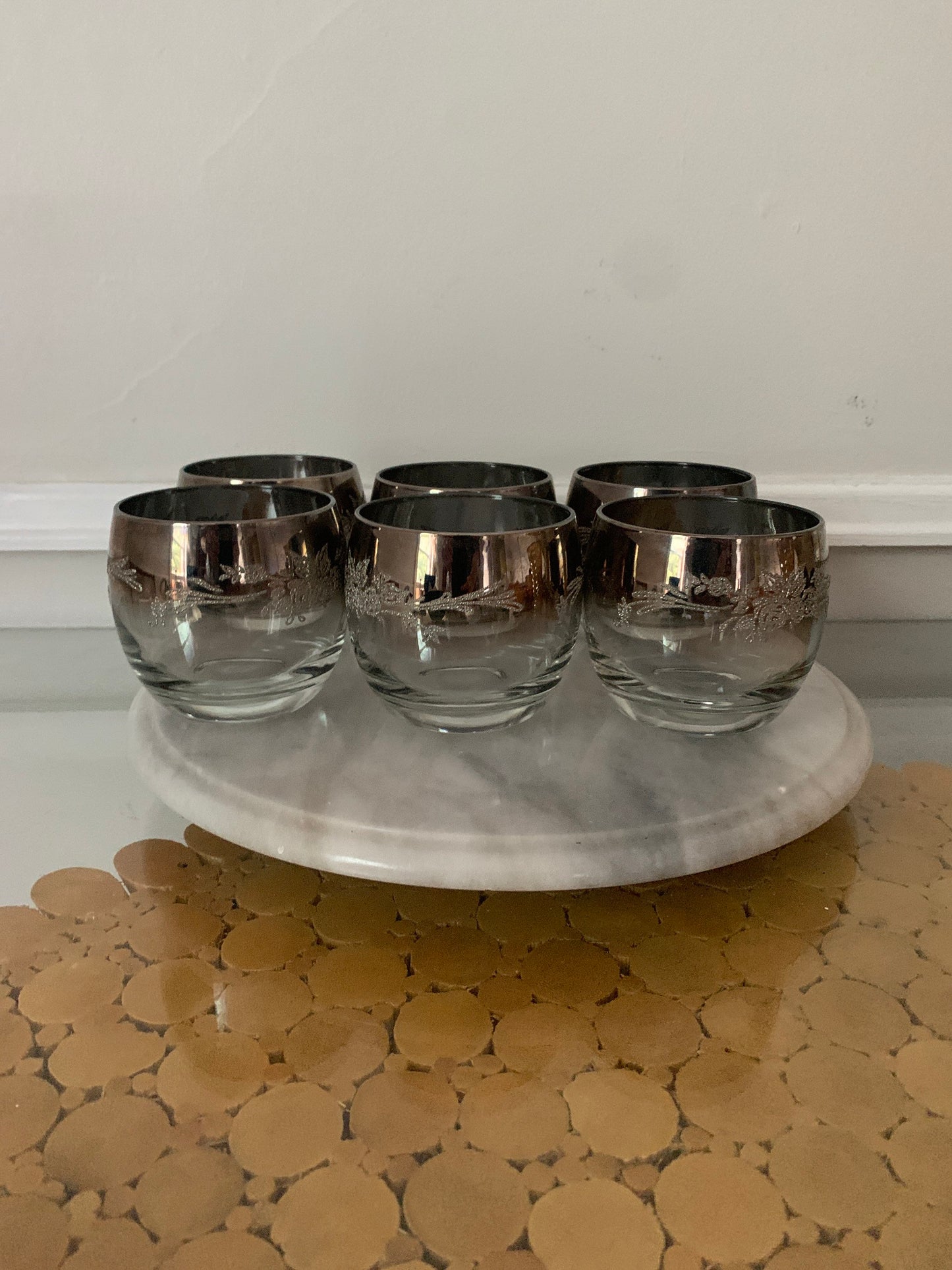 Set of 6 Mid Century Floral Embossed Roly Poly Mercury Fade Glasses