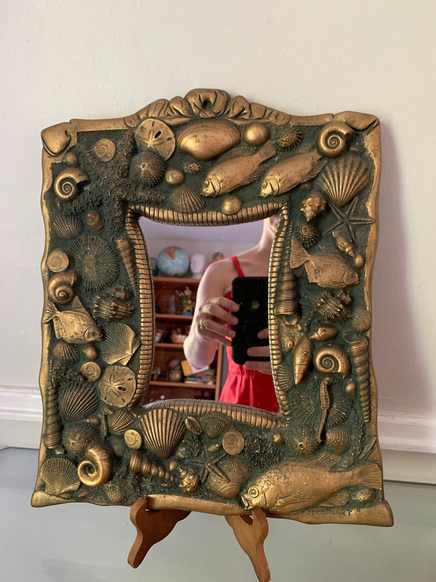Vintage Medium Jeff Widderich Gold Sea Creature ResinArt Wall Mirror