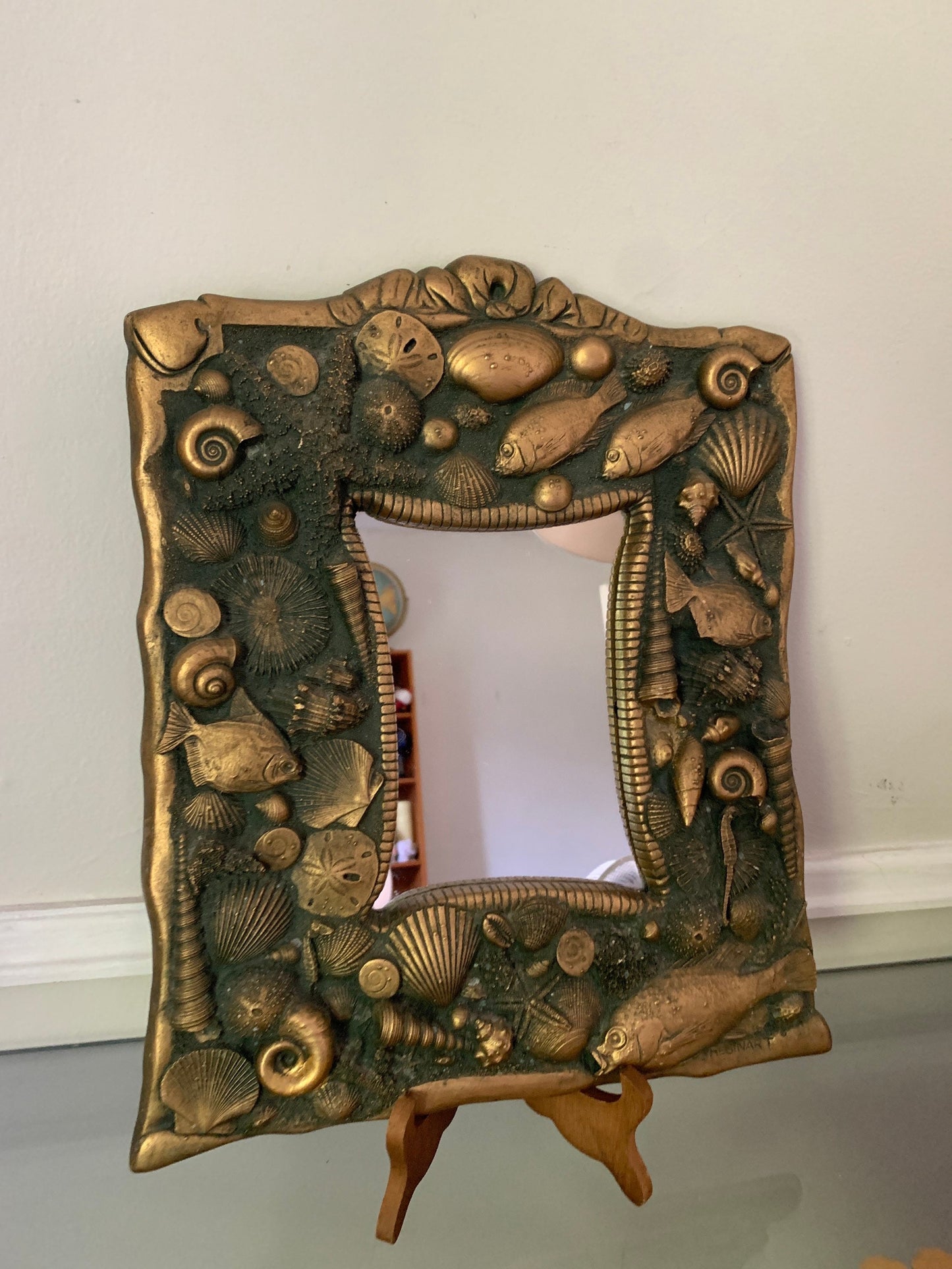 Vintage Medium Jeff Widderich Gold Sea Creature ResinArt Wall Mirror