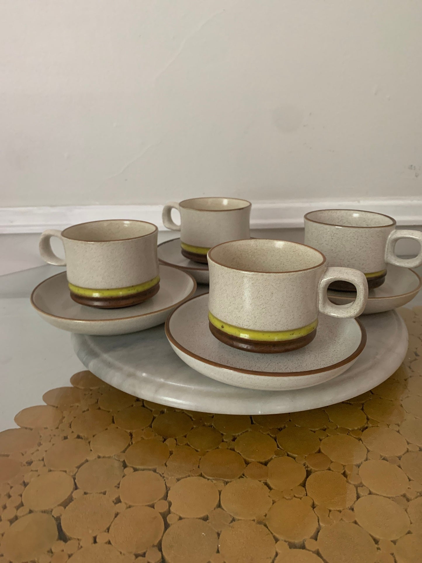 Retro Set of 4 Denby Potter's Wheel Yellow Stripe Cup and Saucer Set Made in England