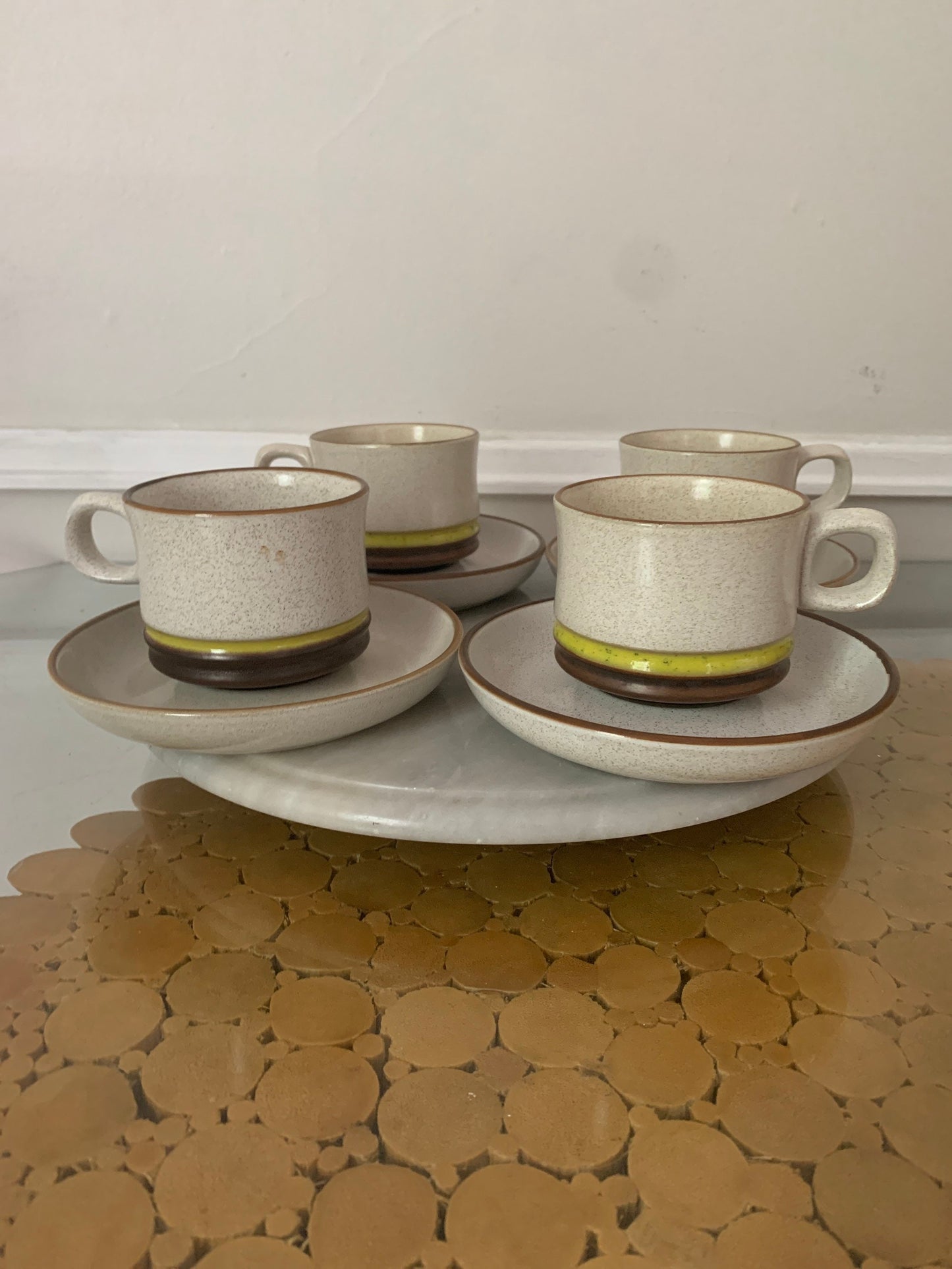 Retro Set of 4 Denby Potter's Wheel Yellow Stripe Cup and Saucer Set Made in England
