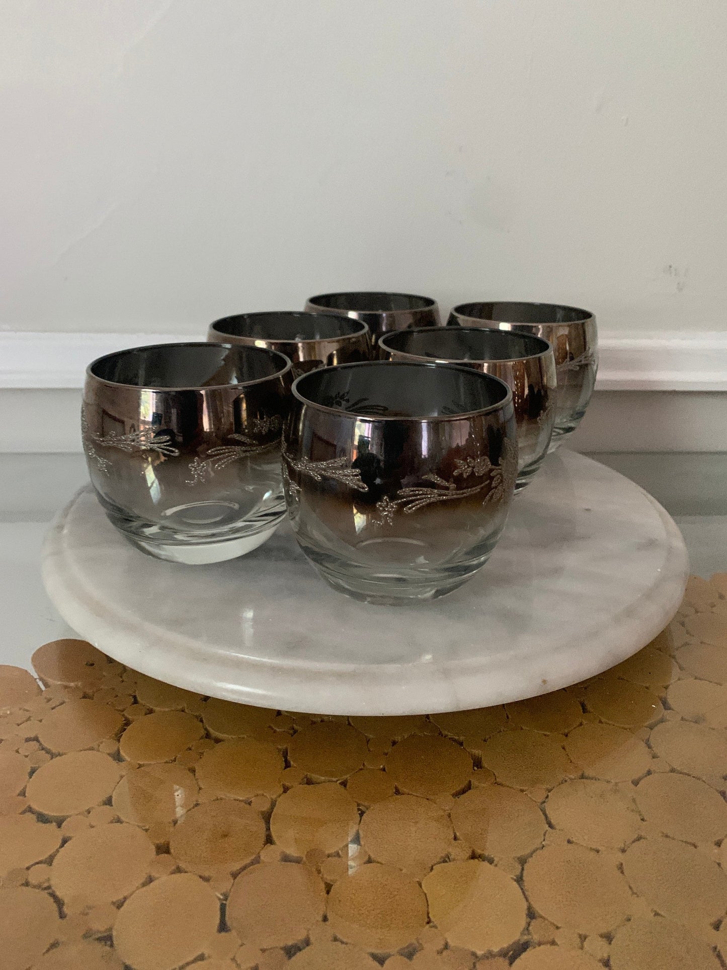 Set of 6 Mid Century Floral Embossed Roly Poly Mercury Fade Glasses