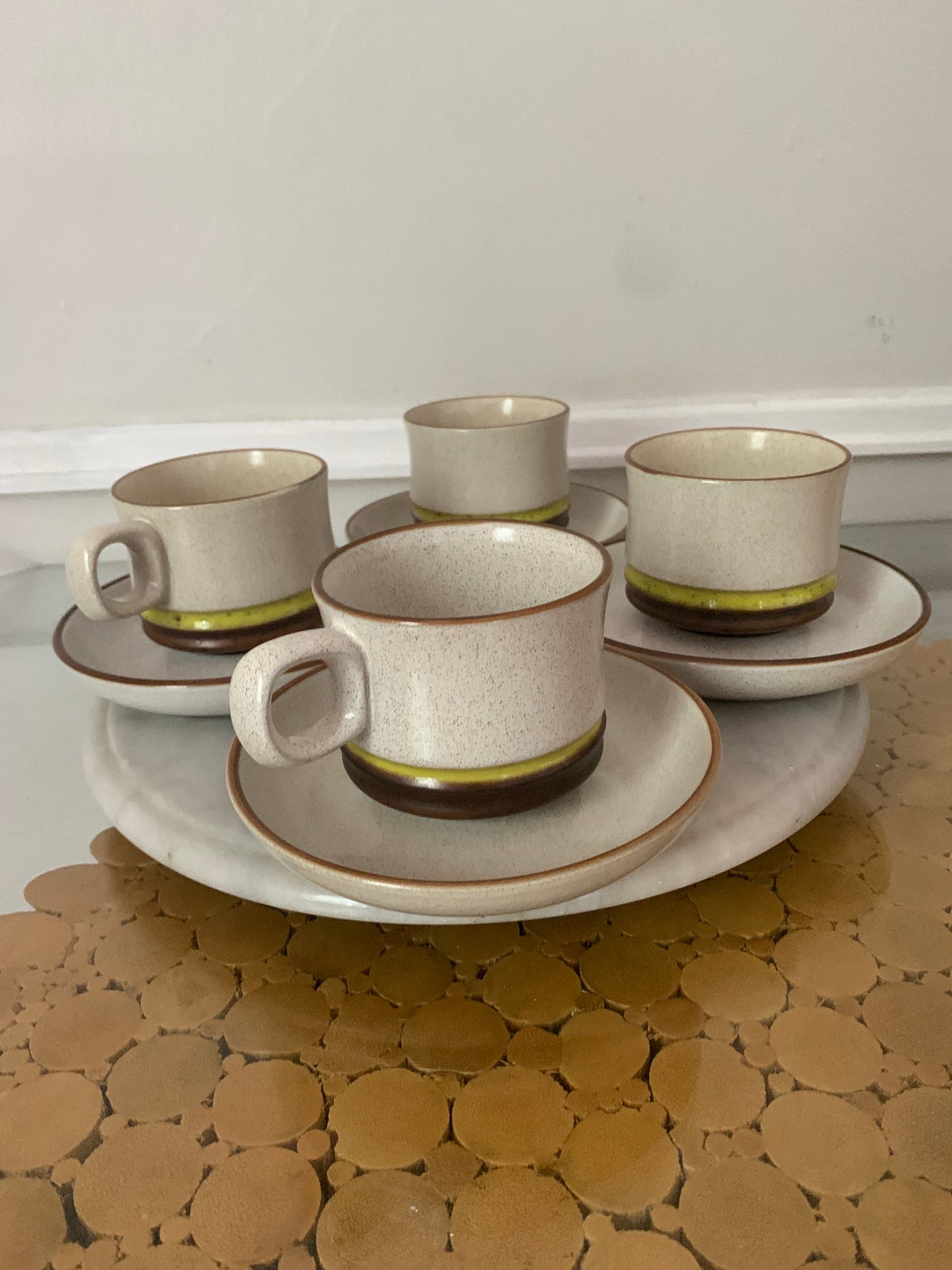 Retro Set of 4 Denby Potter's Wheel Yellow Stripe Cup and Saucer Set Made in England