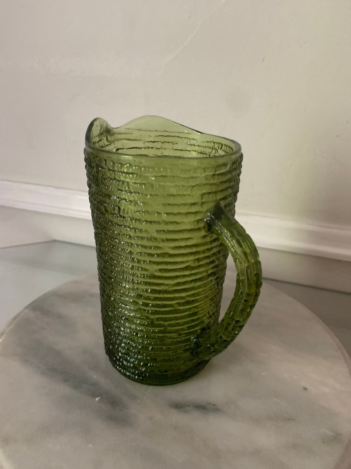 Small  26oz MCM Textured Avocado Green Glass Pitcher by Anchor Hocking