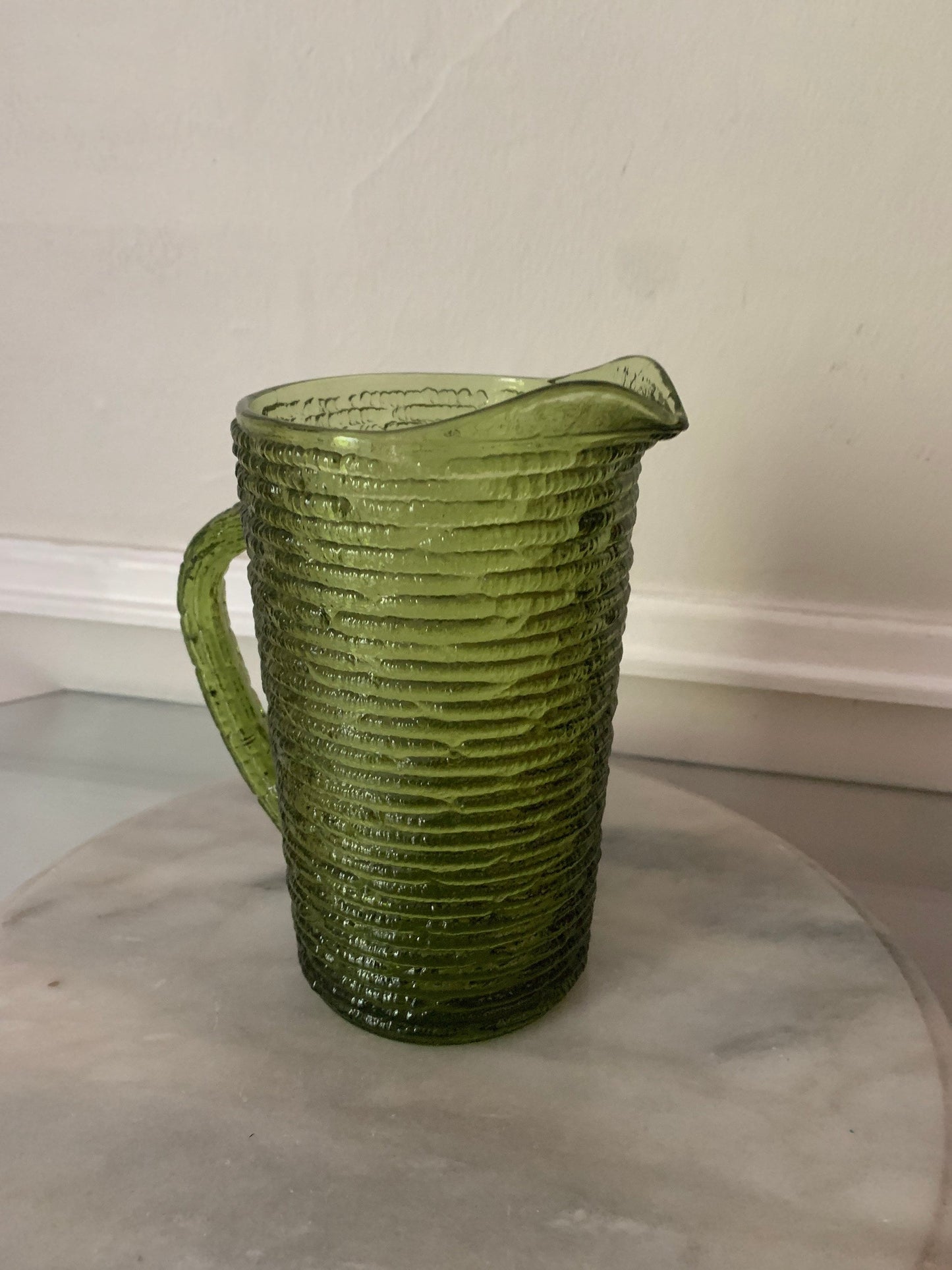 Small  26oz MCM Textured Avocado Green Glass Pitcher by Anchor Hocking