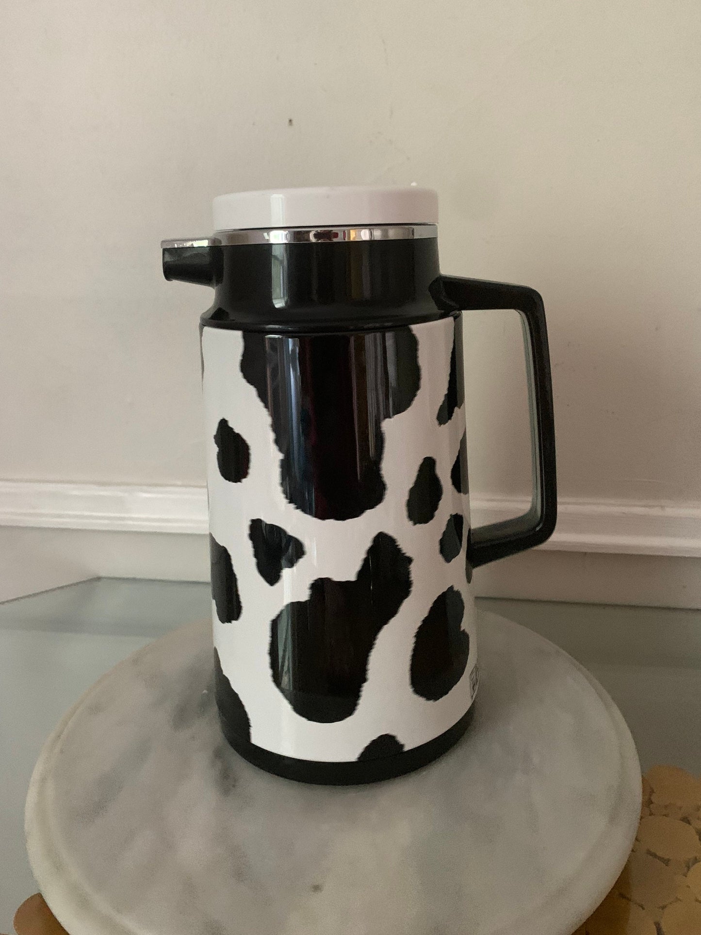 Retro A.K. Das & Company Stainless Cow Print Hot/Cold Thermos Carafe Made in Taiwan