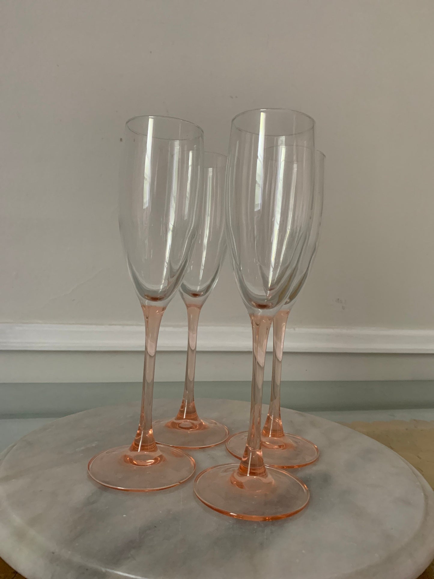 Vintage Set of 4 Light Pink Stem Luminarc Champagne Flutes Made in France