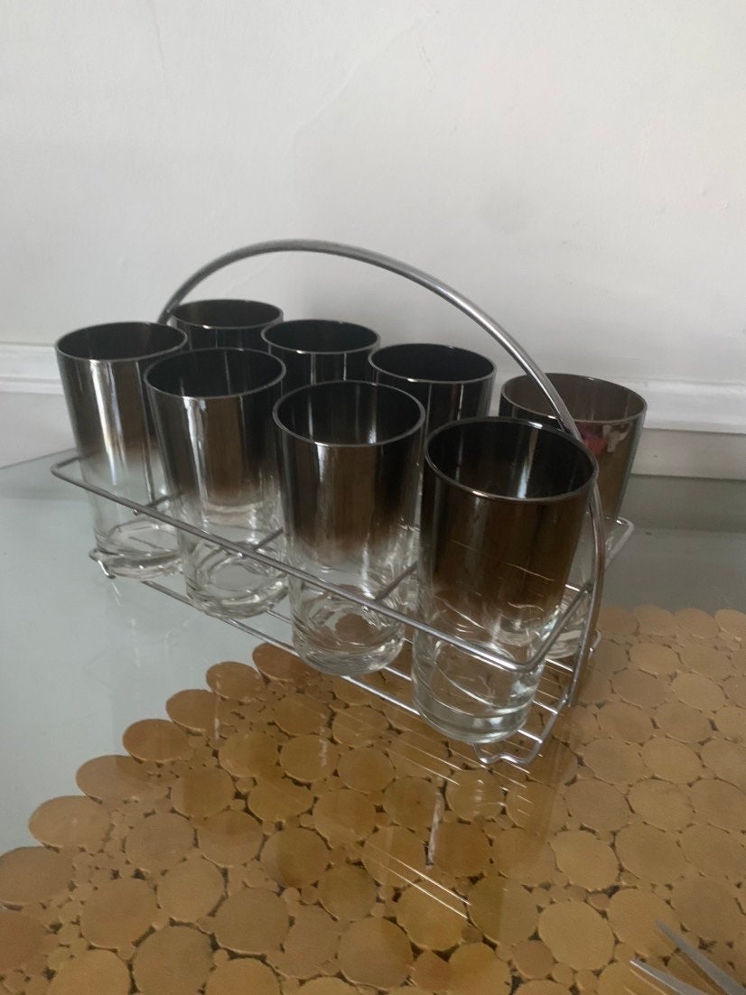 Set of 8 Vintage Mercury Fade Tumblers in Chrome Caddy