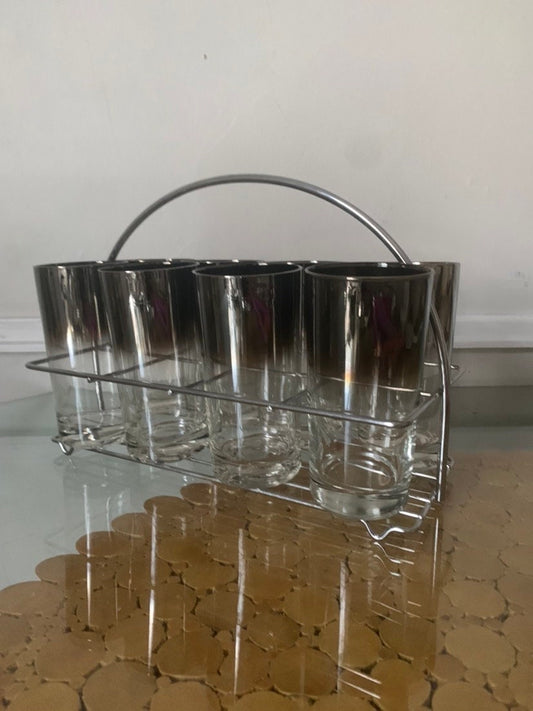 Set of 8 Vintage Mercury Fade Tumblers in Chrome Caddy