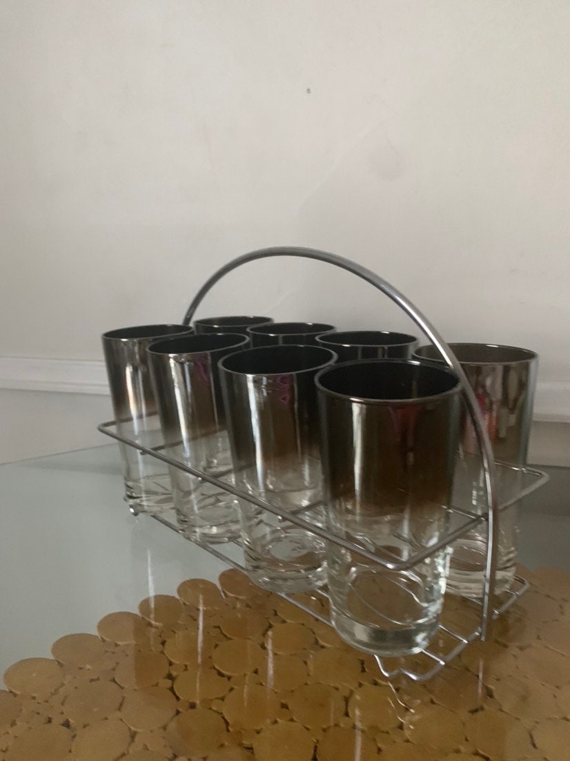 Set of 8 Vintage Mercury Fade Tumblers in Chrome Caddy