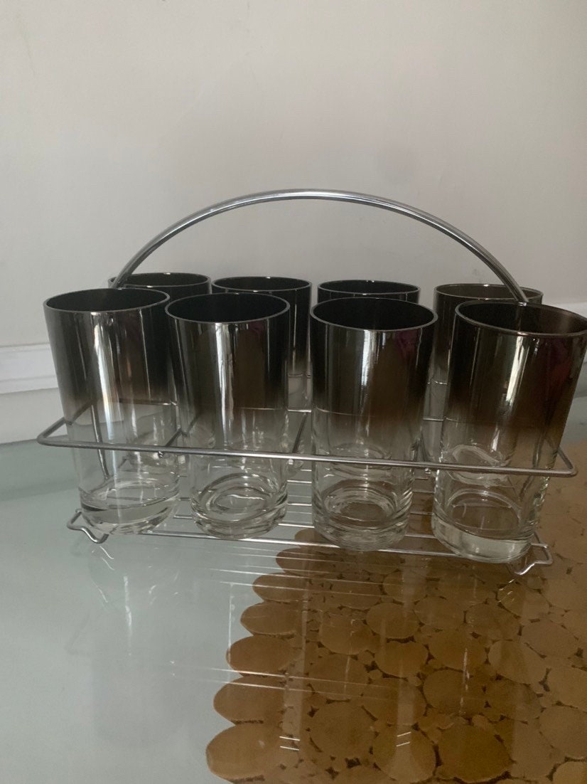 Set of 8 Vintage Mercury Fade Tumblers in Chrome Caddy