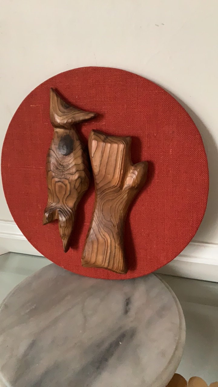 Vintage Rustic Carved Wood Bird with Orange Round Backdrop