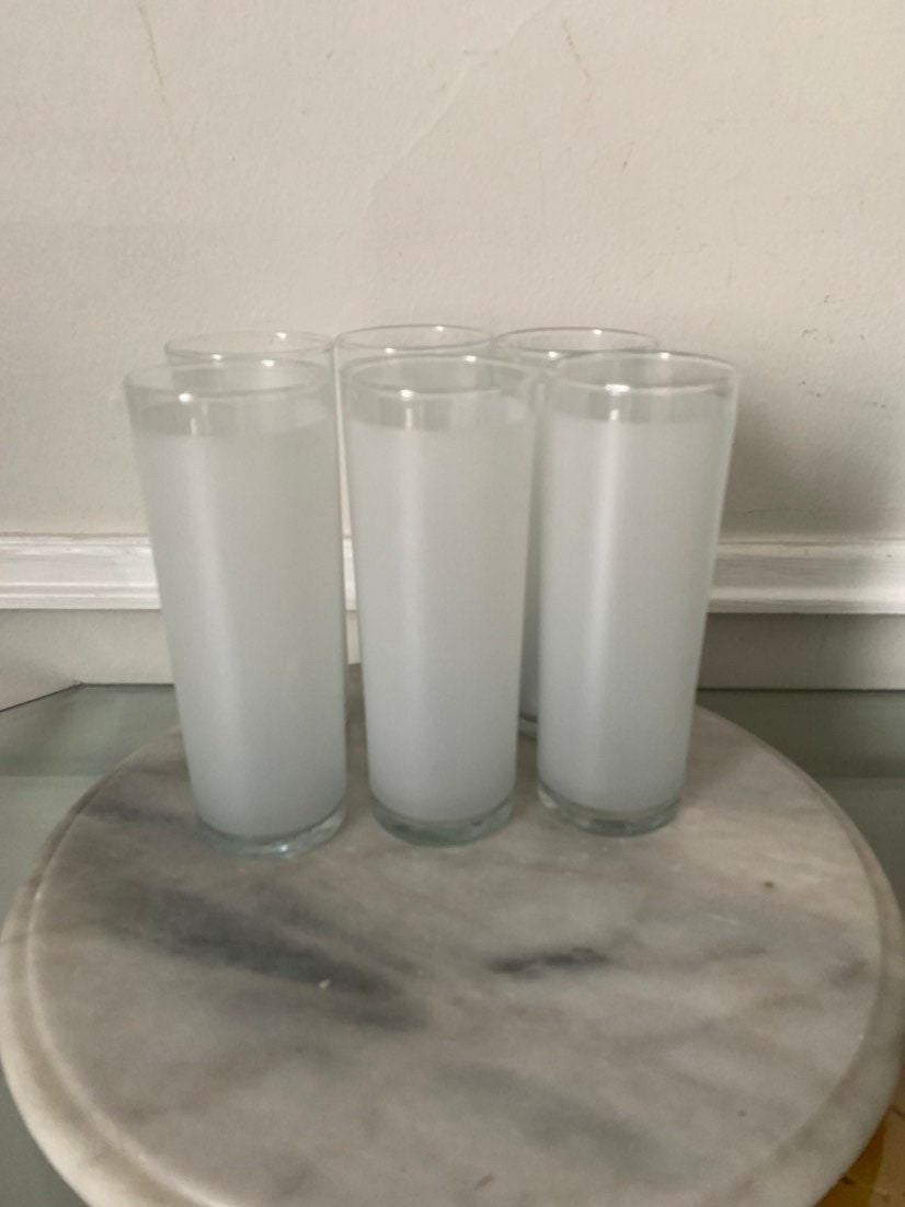 Vintage Set of 6 Tall Frosted Dominion White Tom Collins Tumblers