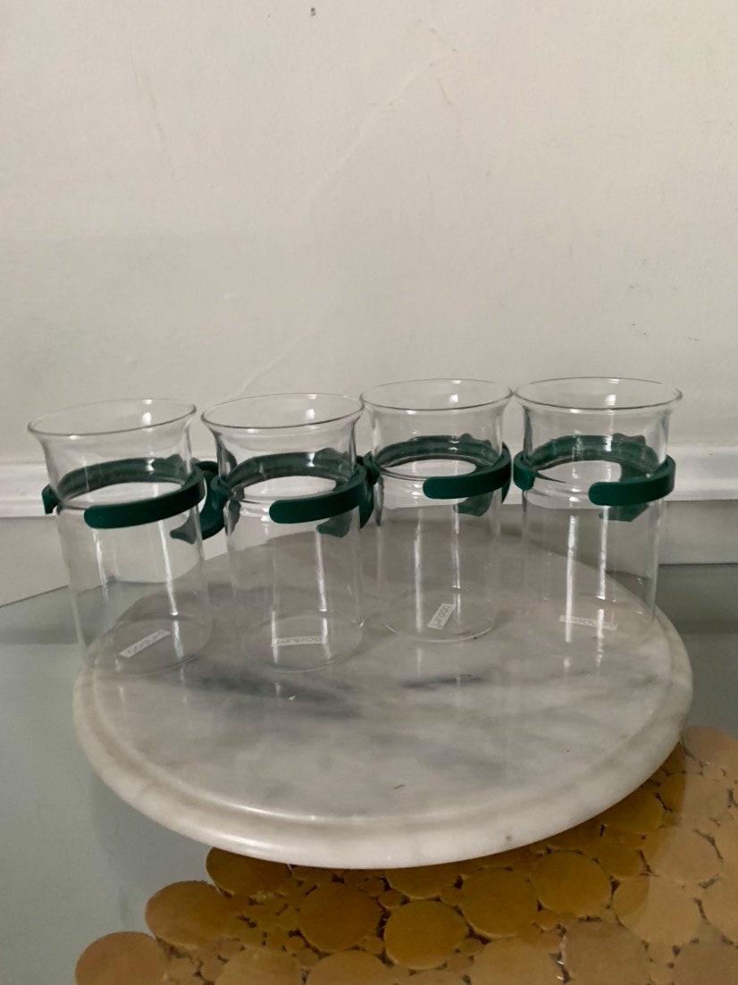Retro Set of 4 Clear Glass Bodum Mugs with Forrest Green Handle