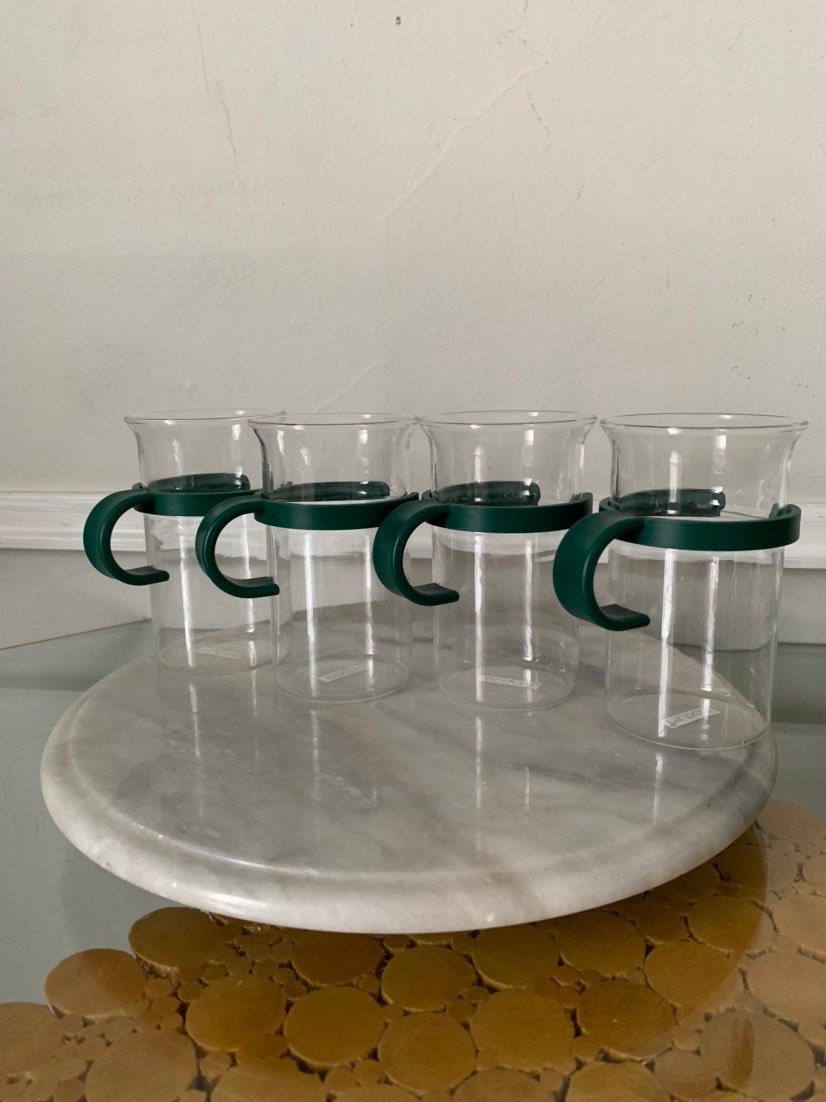 Retro Set of 4 Clear Glass Bodum Mugs with Forrest Green Handle