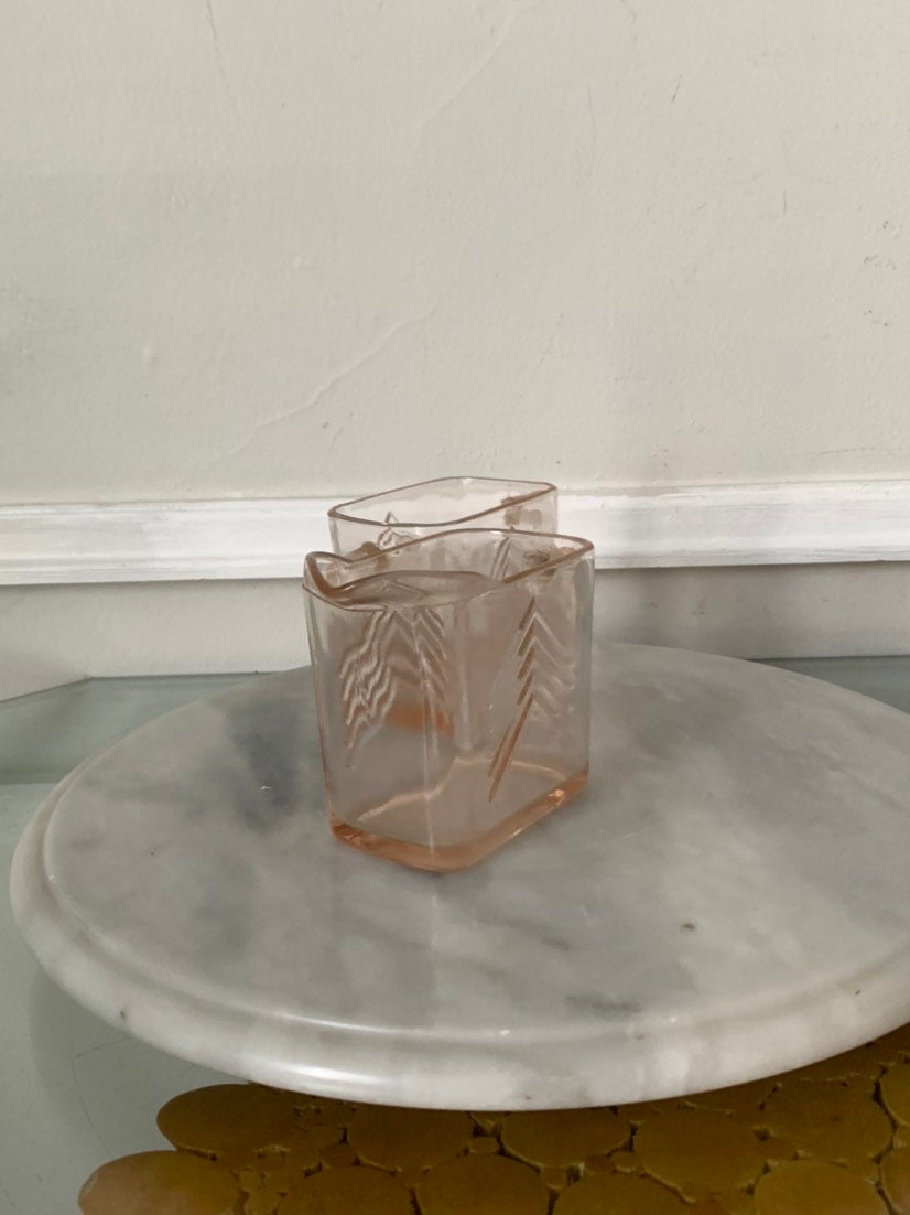 Vintage Hazel Atlas Chevron Pattern Pink Depression Glass Cream & Sugar Bowl