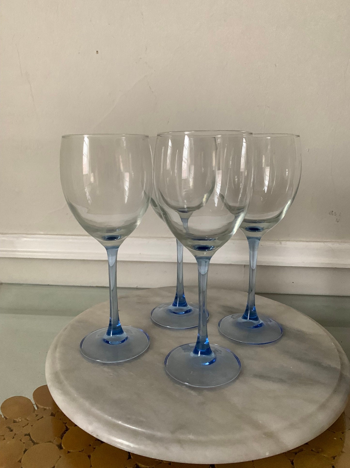 Set of 4 Retro White Wine Light Blue Stem Luminarc Wine Glasses Made in France