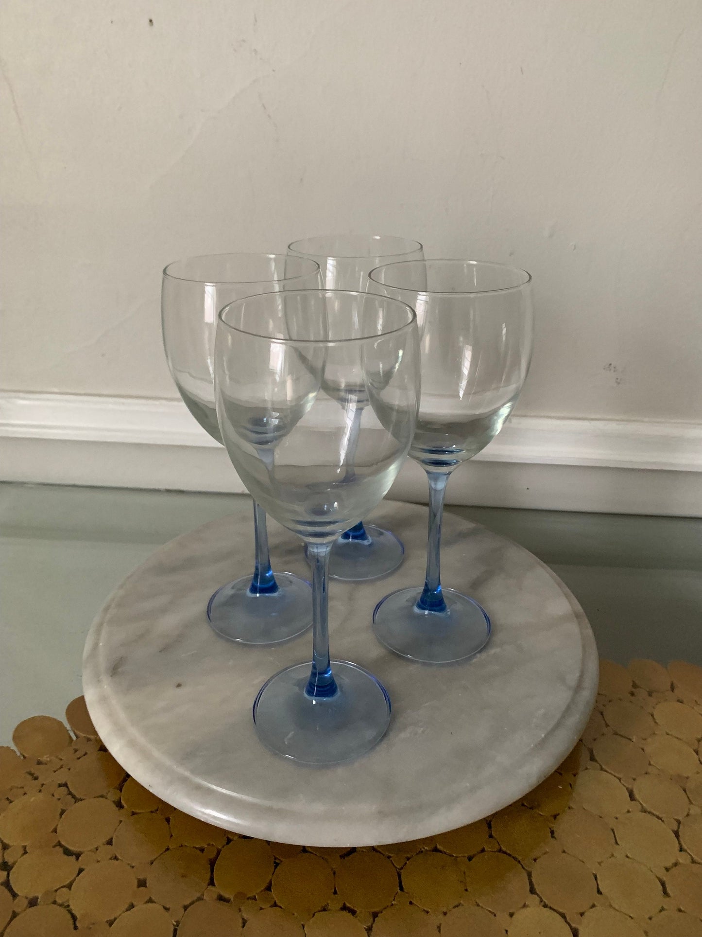 Set of 4 Retro White Wine Light Blue Stem Luminarc Wine Glasses Made in France