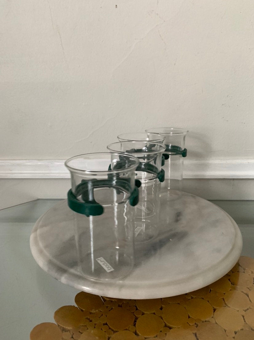 Retro Set of 4 Clear Glass Bodum Mugs with Forrest Green Handle