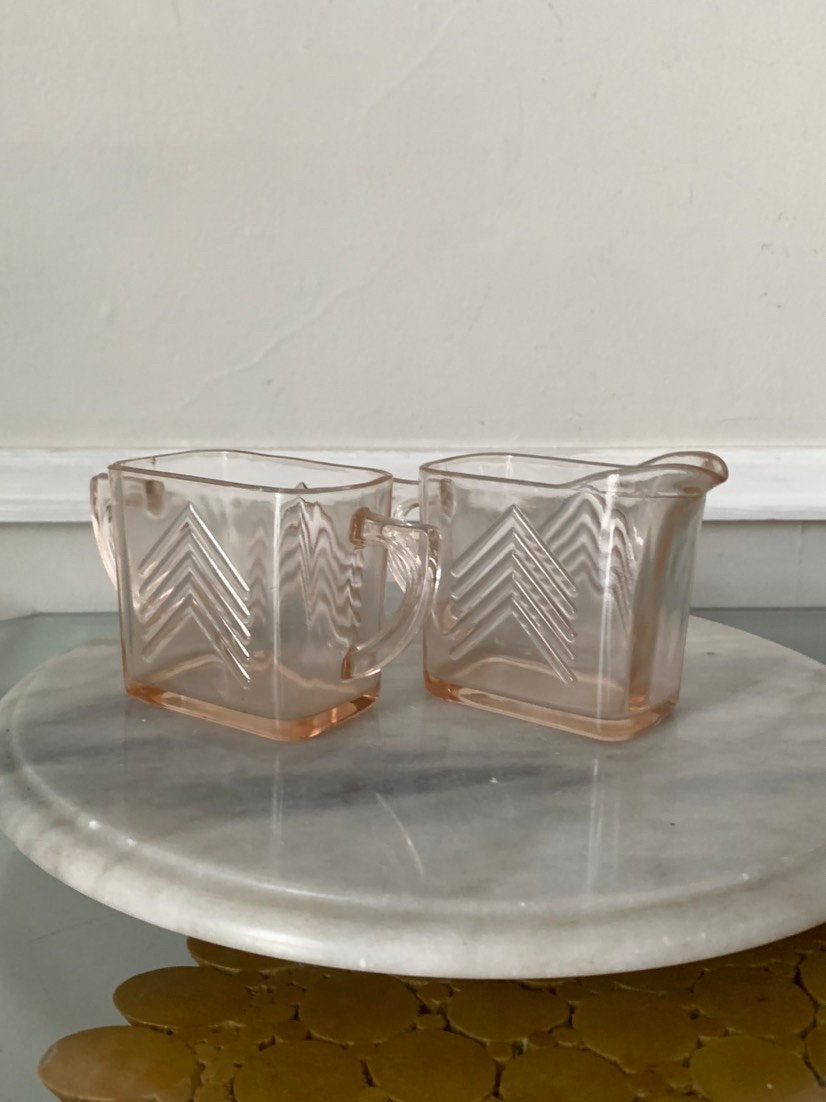 Vintage Hazel Atlas Chevron Pattern Pink Depression Glass Cream & Sugar Bowl