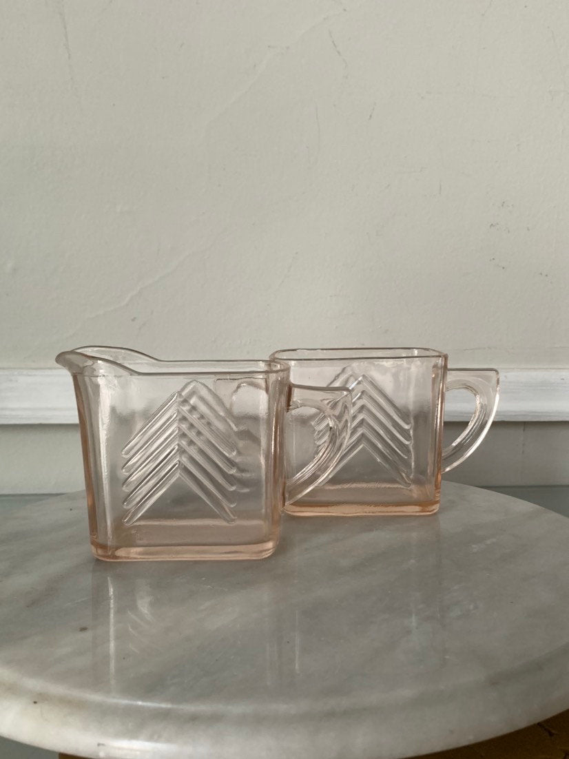 Vintage Hazel Atlas Chevron Pattern Pink Depression Glass Cream & Sugar Bowl