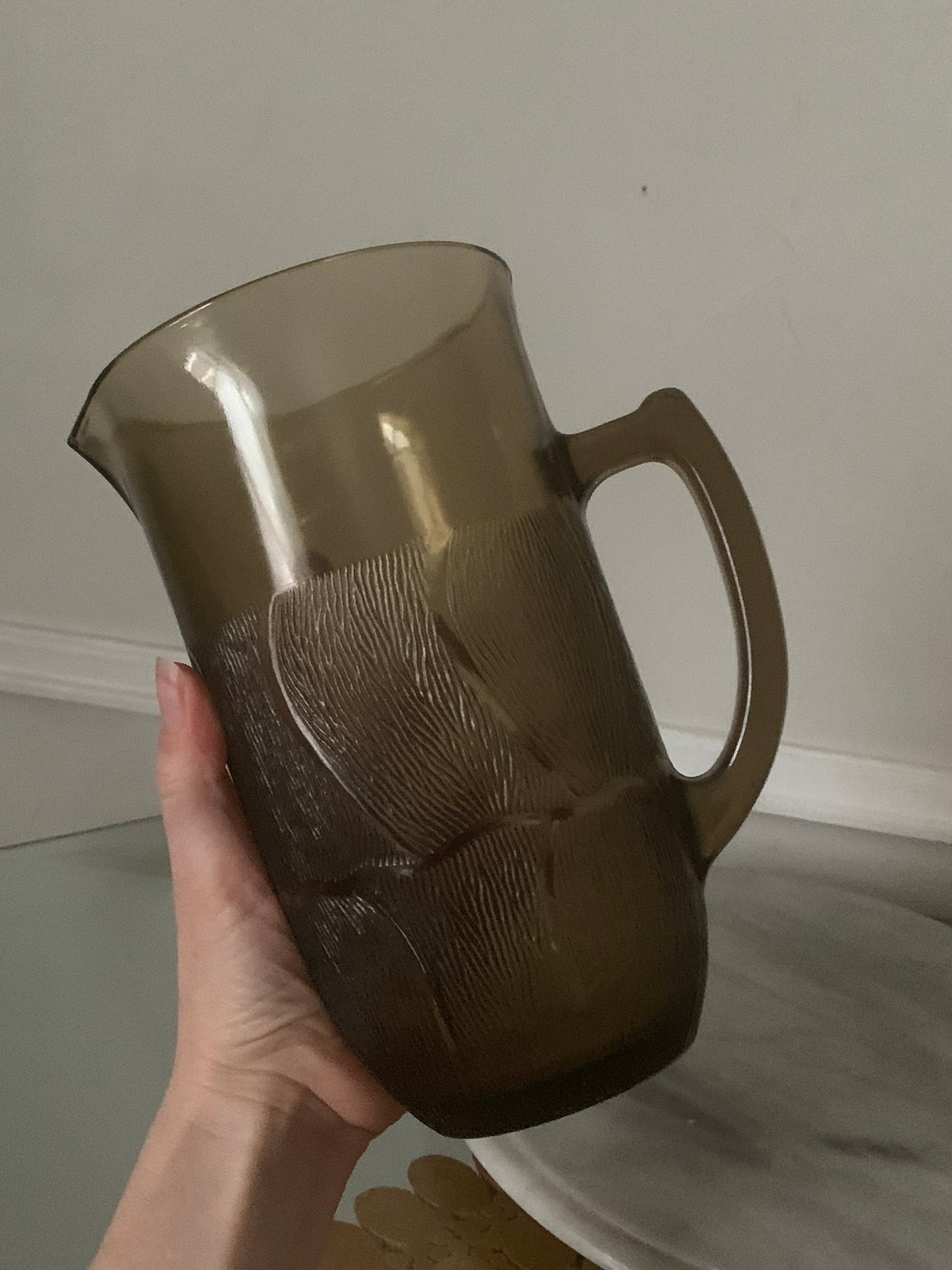 Small Retro Arocoroc Luminarc Textured Smokey Brown Glass Pitcher