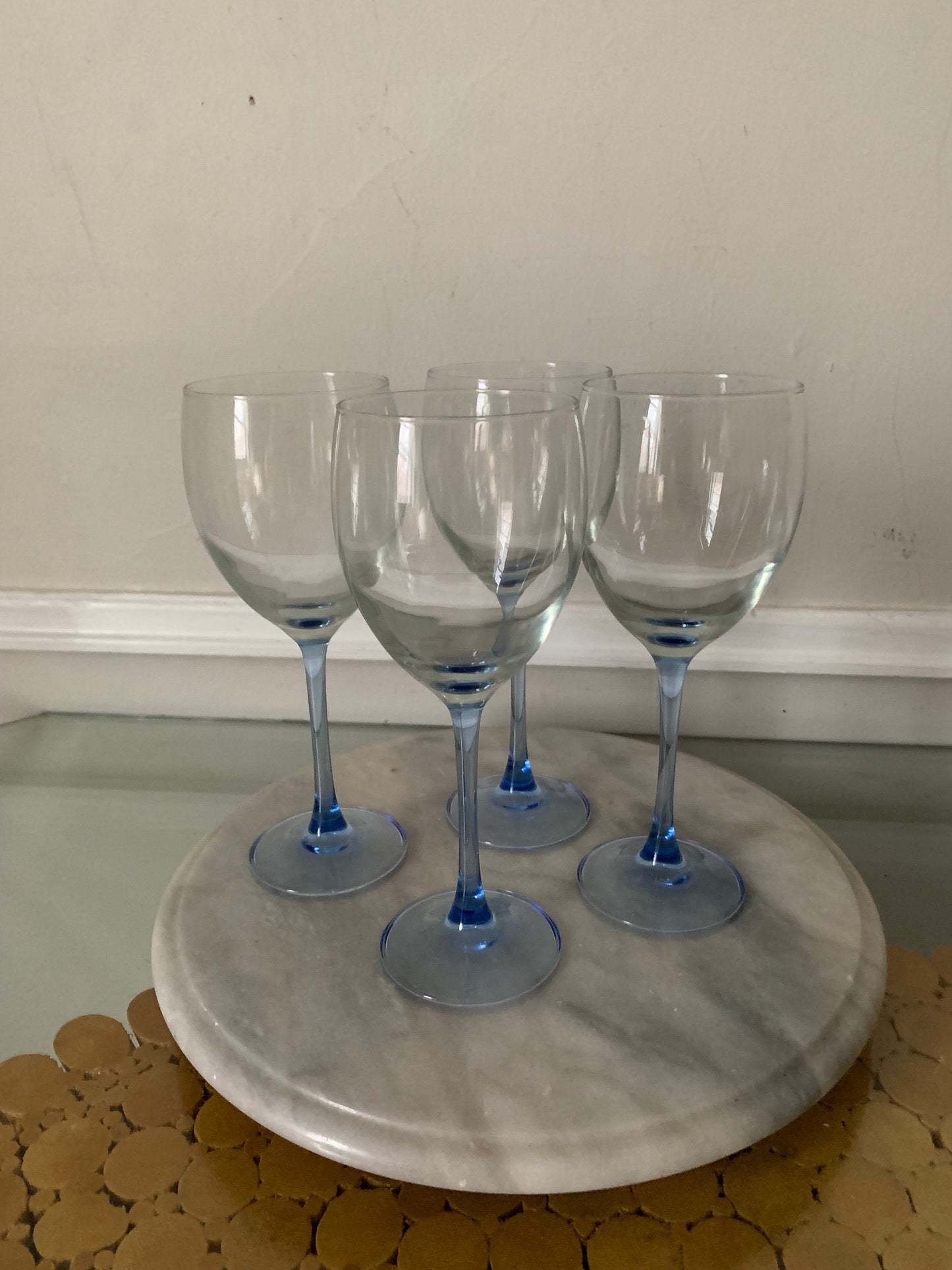 Set of 4 Retro White Wine Light Blue Stem Luminarc Wine Glasses Made in France