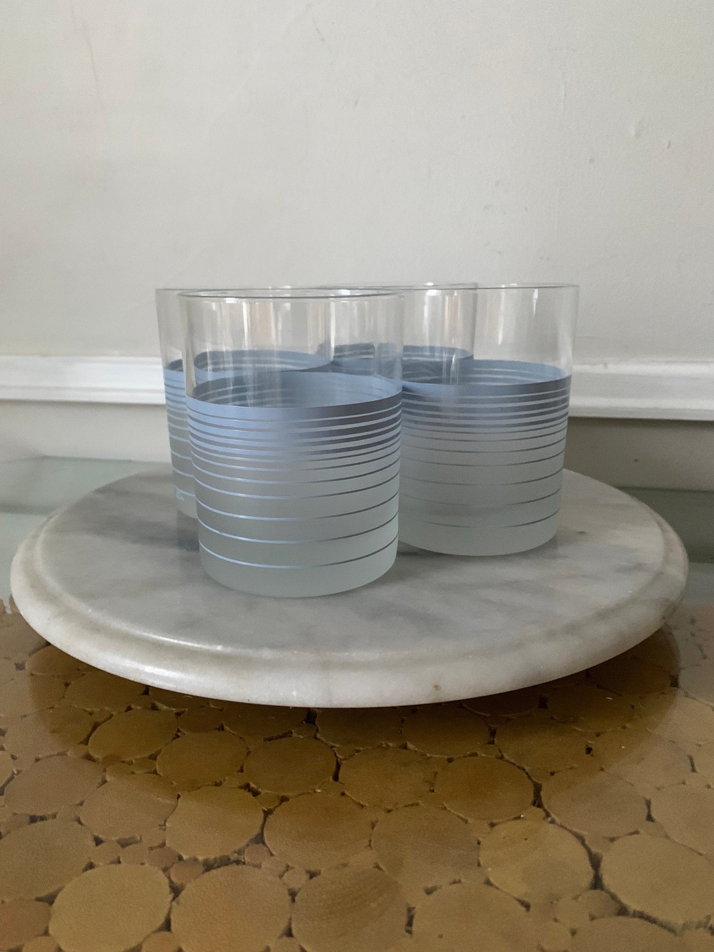 Set of 4 Retro Frosted Cera Low Ball Glasses with Baby Blue Stripes