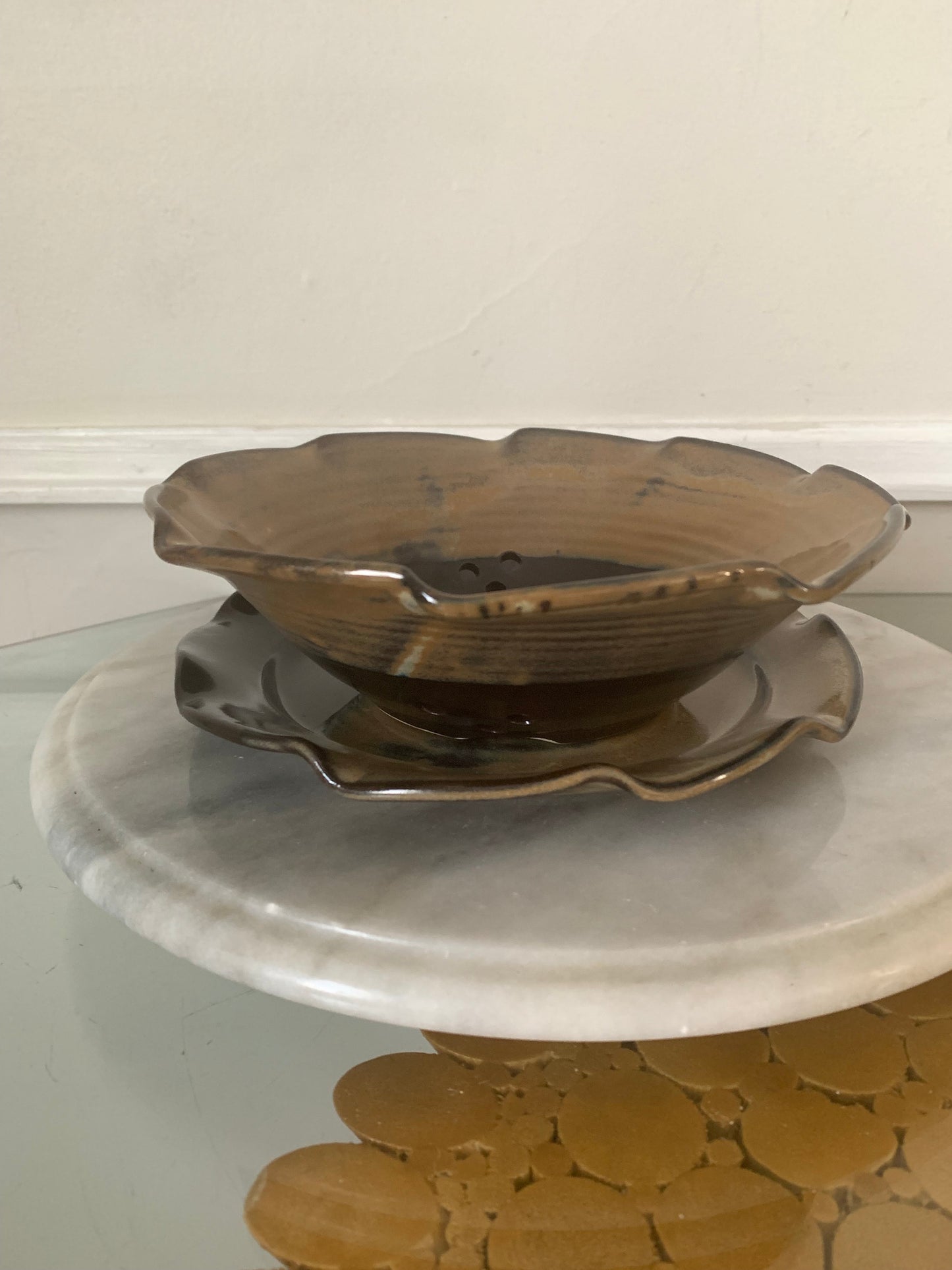 Pair of Studio Pottery Tan and Black Sieve Bowl & Plate Pottery Set